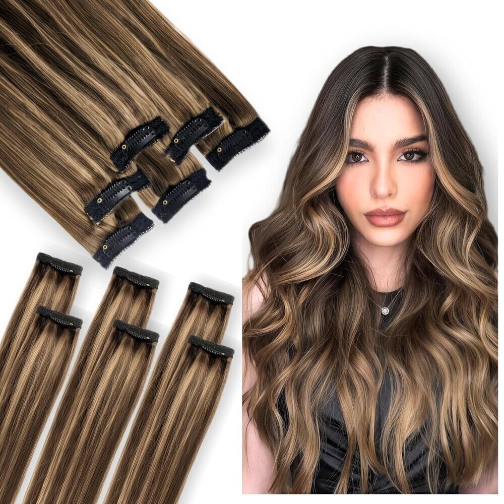 Real Human Hair Clip In Extensions Short Hair Balayage Highlights 6pcs